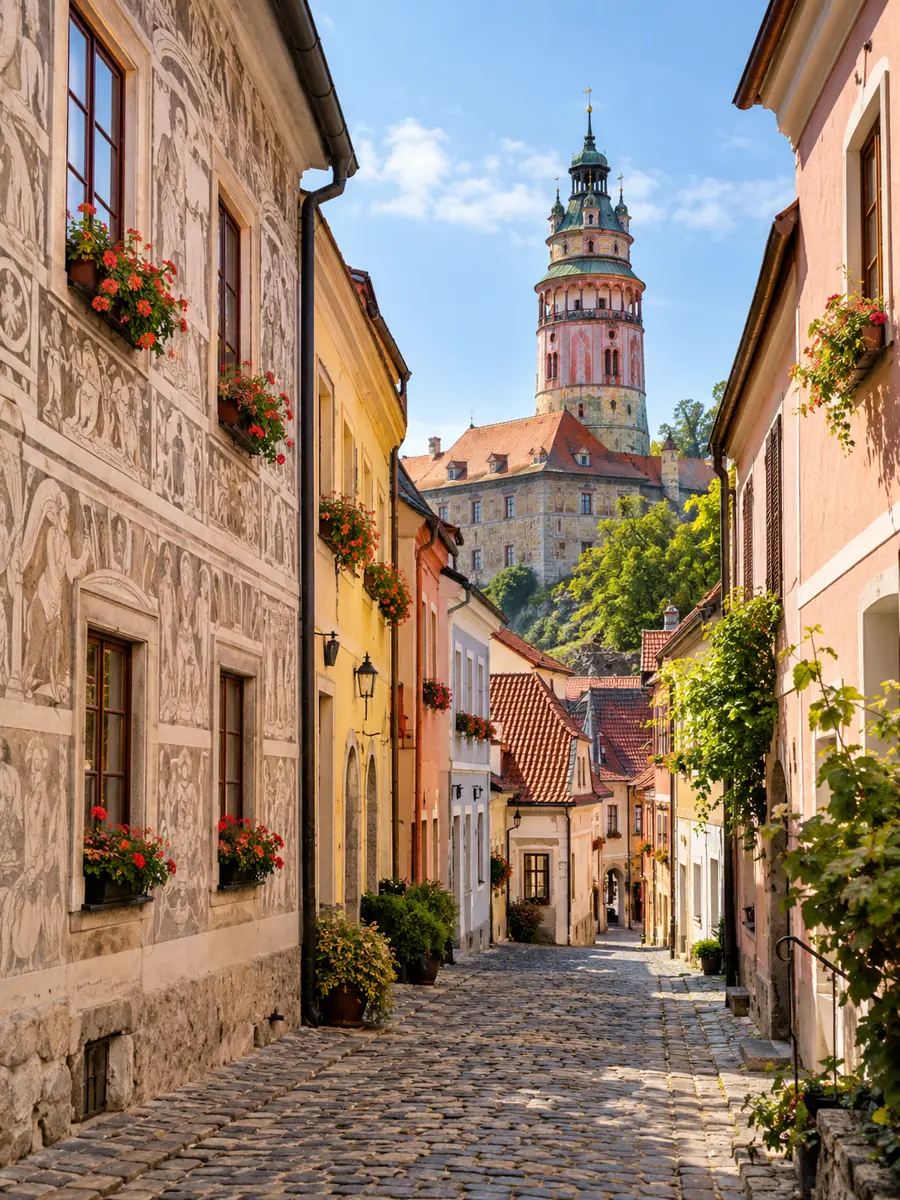 Eine gepflasterte Gasse mit pastellfarbenen Renaissancehäusern, die zum Schlossturm in Český Krumlov führt