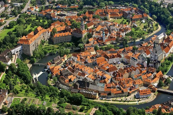 Aerial view of Český Krumlov in the loop of the Vltava river
