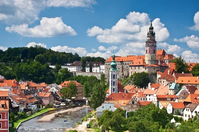 Český Krumlov old town and castle tower above the Vltava