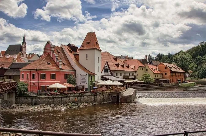 Riverside houses and restaurant terraces on the Vltava