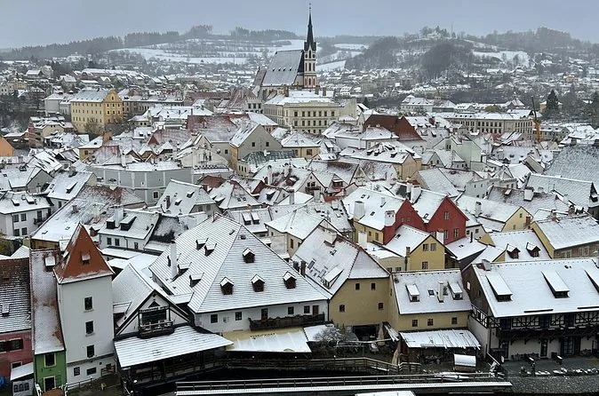 Snow on the roofs of Český Krumlov old town