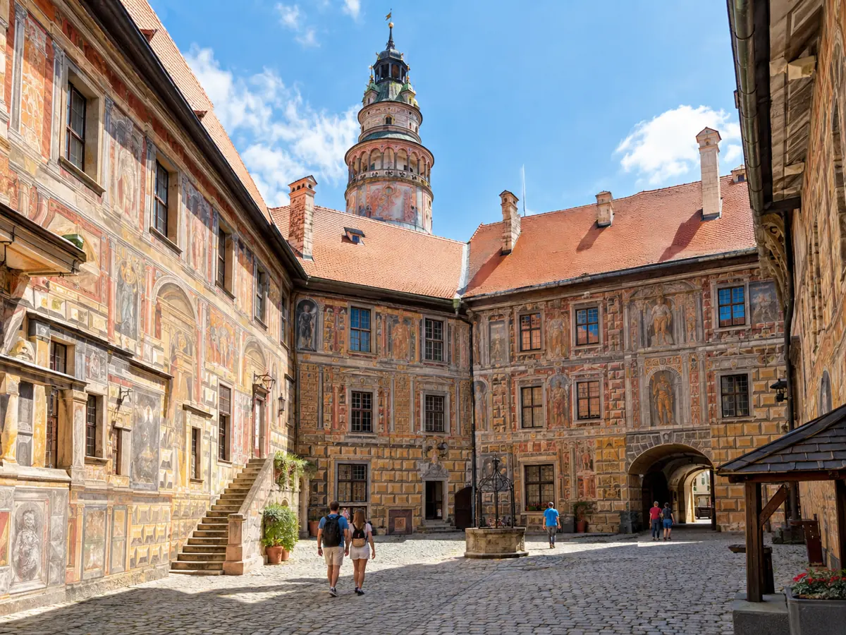 Ein Schlosshof mit bemalten Renaissancefassaden im Sonnenschein
