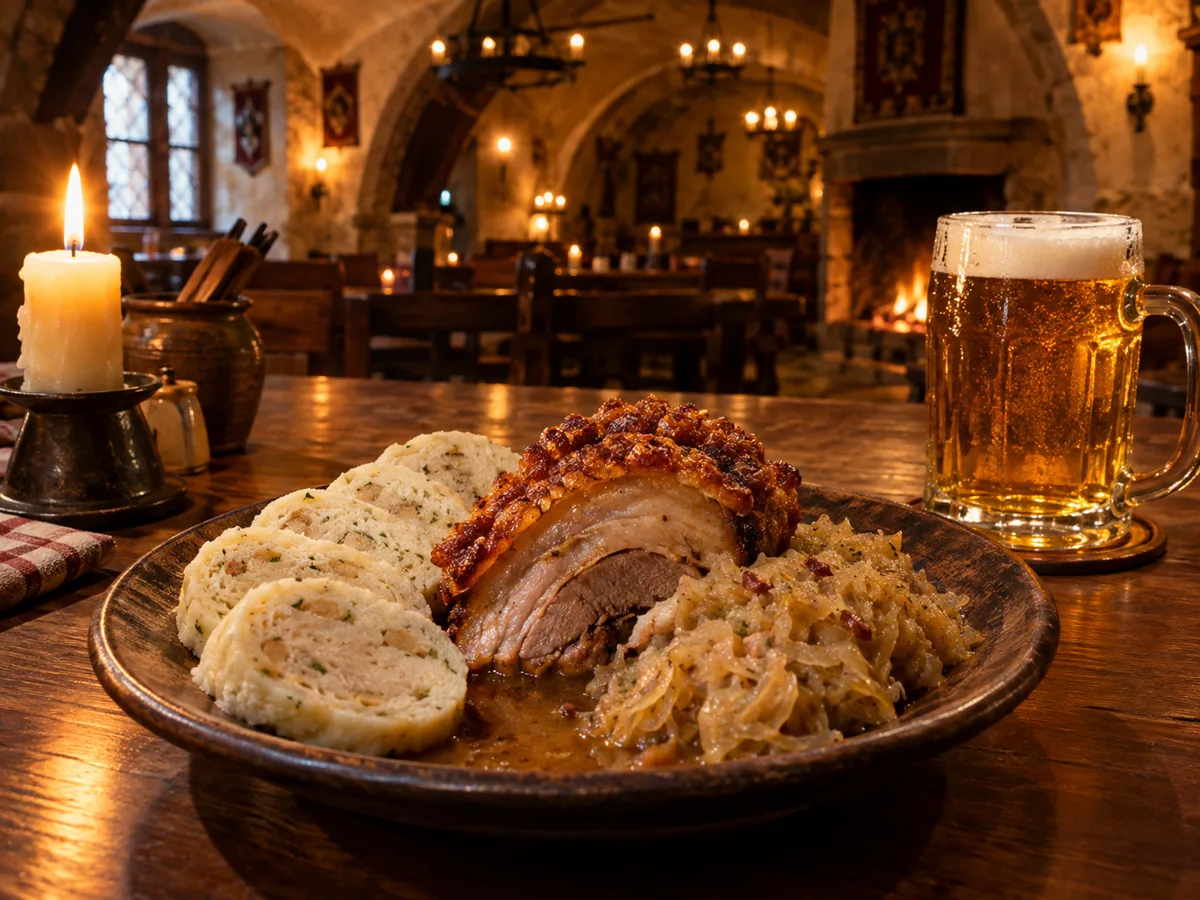 Schweinebraten mit Knödeln, Sauerkraut und einem tschechischen Lagerbier auf einem Wirtshaustisch