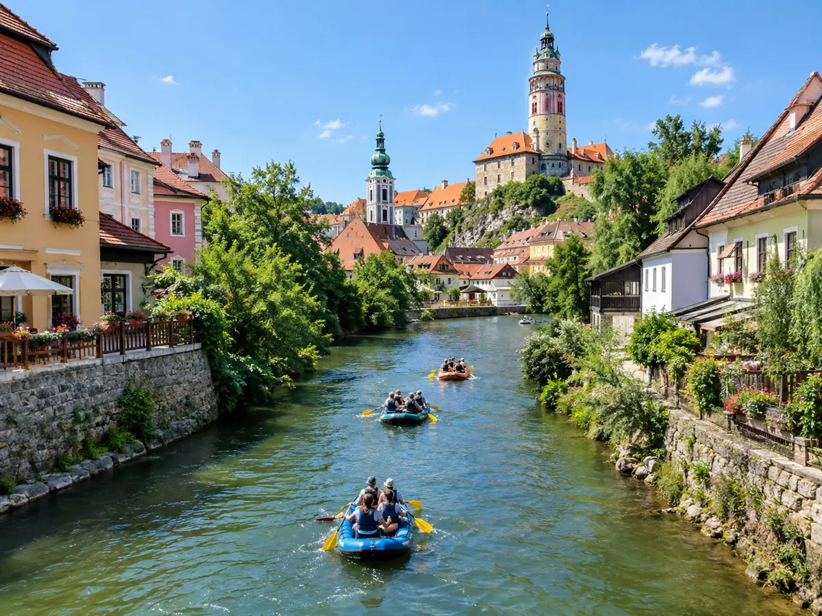 Flöße auf der Moldau unter den pastellfarbenen Häusern von Český Krumlov
